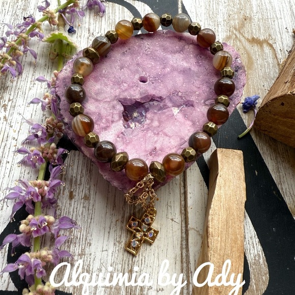 Alquimia Gold and Brown Beaded Bracelet with Cross Charm - Picture 2 of 8